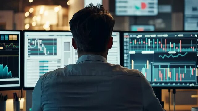 The image shows an individual with his back to the camera. He is in a modern office with multiple monitors displaying complex data, possibly a financial analyst reviewing market trends and statistics.