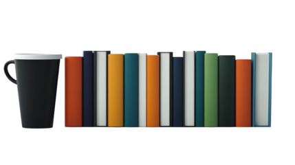 Black Mug Beside Colorful Books On The Shelf Isolated Illustration