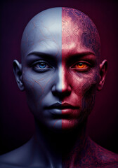 Digital character portrait in pink neon light with cyberpunk textures and divided facial tones