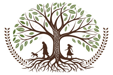 131 Tree of life, family tree, generations, roots and branches, symbolic illustration, green leaves, brown trunk, silhouette figures, unity, growth, connection, heritage, lineage, ancestry, stylized a
