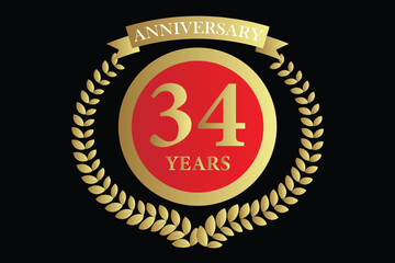 34 years anniversary icon with laurel wreath and number, vector illustration.