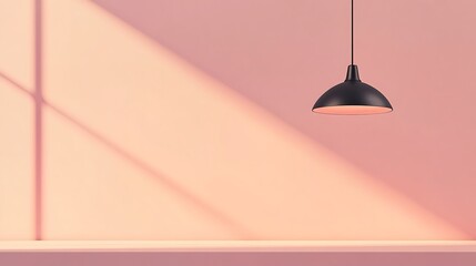 Minimalist pink room with pendant lamp and sunlight.