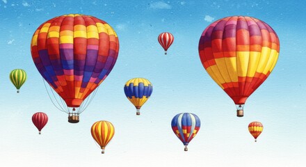 Obraz premium Colorful Hot Air Balloons in Sky - A vibrant of multiple hot air balloons of various colors and sizes floating against a clear blue sky