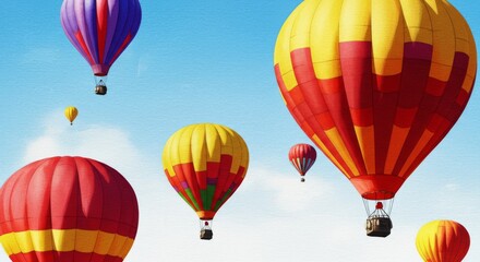 Fototapeta premium Colorful Hot Air Balloons in Blue Sky - Several vibrant hot air balloons float gracefully against a clear blue sky, creating a joyful and uplifting scene