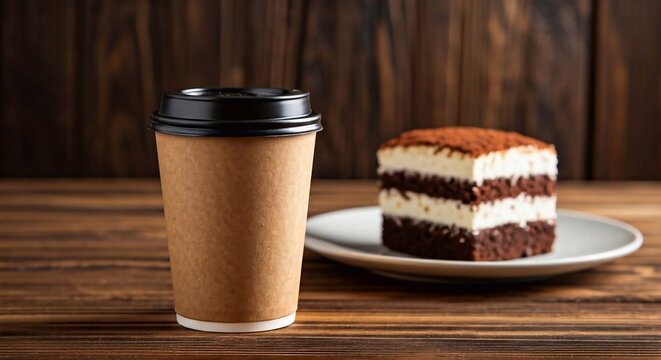 Paper cup of coffee and cake on the table