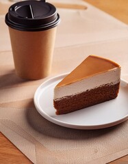 Paper cup of coffee and cake on the table