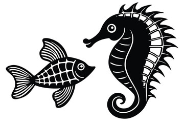 Fototapeta premium Sea horse and fish outline vector art illustration design, simple objects isolated on white background. Hand drawn coloring page.