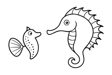 Fototapeta premium Sea horse and fish outline vector art illustration design, simple objects isolated on white background. Hand drawn coloring page.