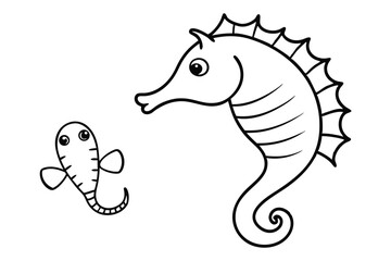 Sea horse and fish outline vector art illustration design, simple objects isolated on white background. Hand drawn coloring page.