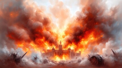 Obraz premium Castle under siege, fiery destruction