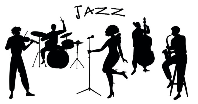 Silhouettes musical jazz band. Female singer at microphone. Double bass player. Violinist or saxophonist play music. Vocalist singing song. Vector musicians set Acoustic instrument.