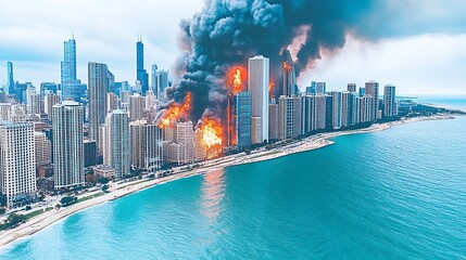 Naklejka premium Cityscape engulfed in flames with the sea in the foreground as a dramatic backdrop