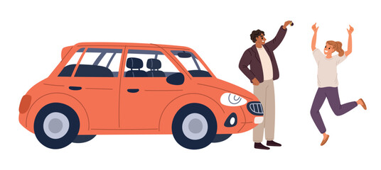 Fototapeta premium Man gives woman car. Holiday gift. Couple celebrate automobile purchase. Guy with auto key. Joyful girl. New vehicle. Expensive present. Transport owner. Buyers happiness. Vector concept
