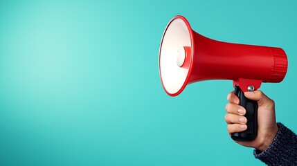 Red megaphone held in a hand, against bright teal backdrop