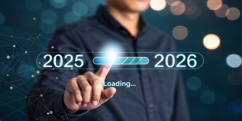 Obraz premium Businessman Touching Loading Bar Indicating Progress from 2025 to 2026, Futuristic Digital Technology, Innovation, Transformation, Year Transition Concept