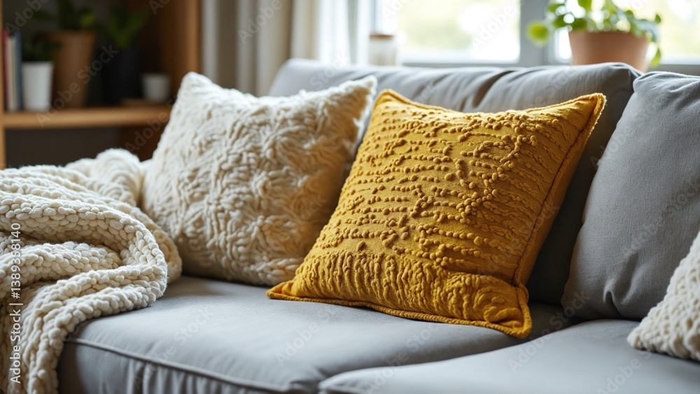 Poster cozy living room scene with textured yellow pillow on sofa surrounded by soft throws and natural lig