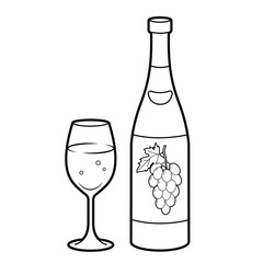 Bottle of grape wine and a glass. Simple outline vector illustration, isolated on white background.	
