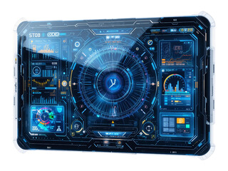 A transparent digital display with a futuristic UI, isolated for sci-fi and technology projects.