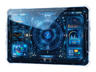 A transparent digital display with a futuristic UI, isolated for sci-fi and technology projects.