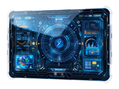 A transparent digital display with a futuristic UI, isolated for sci-fi and technology projects.