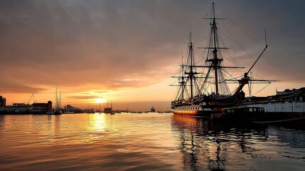 Fototapeta premium Historic Warship HMS Victory at Portsmouth Harbor During Sunset