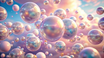 Iridescent Spheres Floating in a Dreamlike, Pastel Sky, Reflecting Light and Color, Creating a Surreal and Ethereal Atmosphere