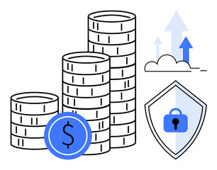 Stacks of coins with a dollar sign coin, shield with lock, and upward arrows on cloud depict financial growth, savings, and security. Ideal for finance, investment, security, savings growth digital