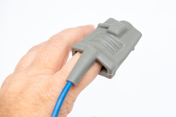 pulse oximeter attached patient's finger, fitness tracker, measuring oxygen saturation, medical...