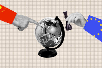 Trend artwork poster sketch image collage of globe map geography hand hold chess finger point...