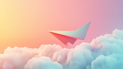 Pastel sky with paper airplane above fluffy clouds abstract background. Fly aesthetic