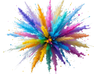 A high-speed capture of a powder explosion with vivid colors blending beautifully, isolated on a transparent background for dynamic compositions.