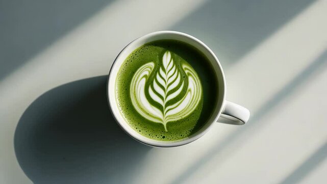 coffee cup with green matcha latte art isolated on a white and gray background closeup. template for drink menu with natural shadow_g_1_1_1.png