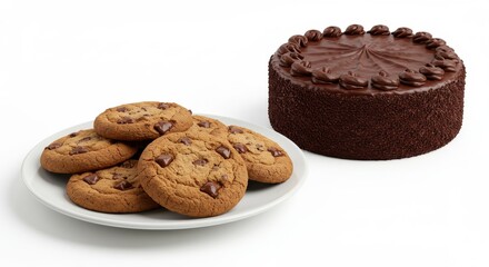 Fototapeta premium Delicious Chocolate Cake and Chip Cookies - Indulge in the rich flavors of a decadent chocolate cake paired with warm, chocolate chip cookies. Sweet treat, baked goods, dessert, chocolate, cookies