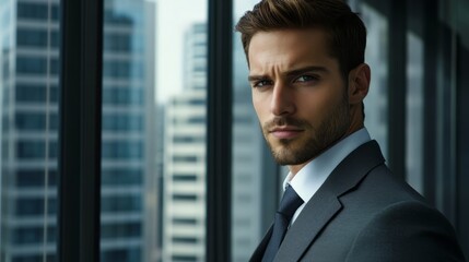 Fototapeta premium Serious businessman in a suit, focused and professional, embodying confidence and leadership in a modern workplace. 