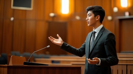 Young man giving a speech at a podium