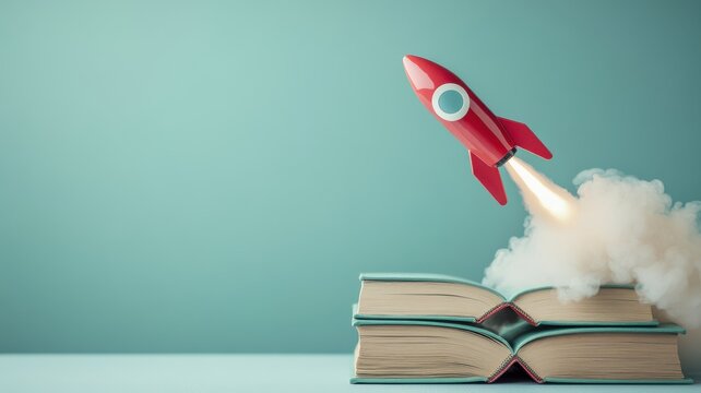 Imagination and learning, rocket launching from books concept. Fly aesthetic