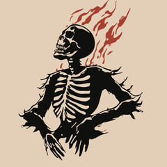 Flaming Skeleton Warrior Logo design – Dark Skull Character in Fire & Smoke Illustration