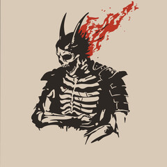 Flaming Skeleton Warrior Logo design – Dark Skull Character in Fire & Smoke Illustration