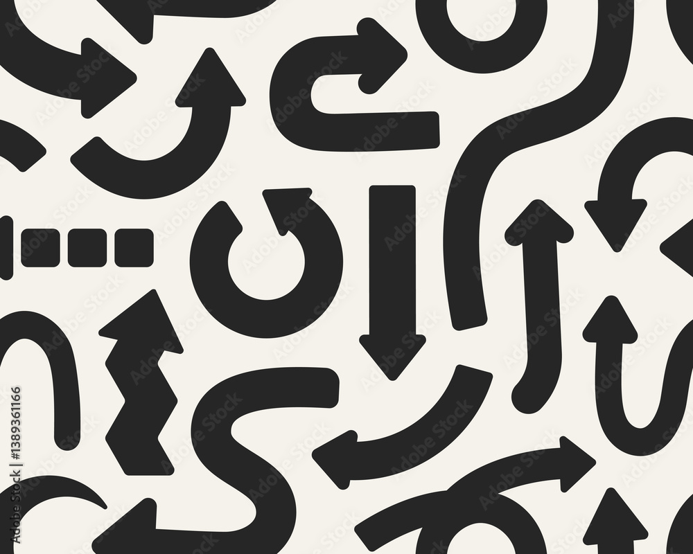 Fototapete Arrows pattern, seamless print. Endless background design with pointers pointing in different directions. Repeating texture, dynamic movement signs. Flat vector illustration for textile, fabric