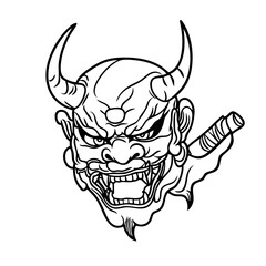 Japanese Oni Mask Logo Traditional Demon Head Line Art Illustration Vector line