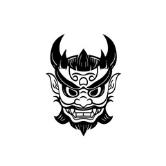 Japanese Oni Mask Logo Traditional Demon Head Line Art Illustration Vector line