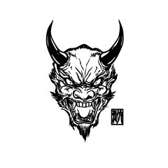 Japanese Oni Mask Logo Traditional Demon Head Line Art Illustration Vector line