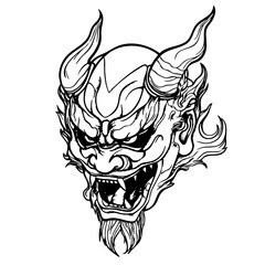 Japanese Oni Mask Logo Traditional Demon Head Line Art Illustration Vector line