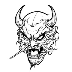Japanese Oni Mask Logo Traditional Demon Head Line Art Illustration Vector line