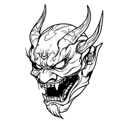 Japanese Oni Mask Logo Traditional Demon Head Line Art Illustration Vector line