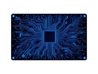 A high-tech, glowing neon-blue circuit board, isolated on a transparent background.