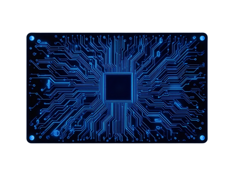 A high-tech, glowing neon-blue circuit board, isolated on a transparent background.