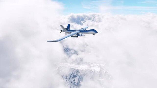 An armed surveillance drone flying high above a snow-covered mountain range, monitoring the terrain below for signs of movement or potential threats.