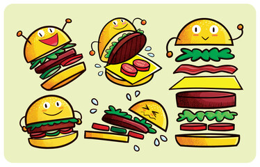 Cute and funny hamburger cartoon character illustration set