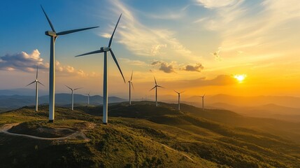 Obraz premium Wind turbines on rolling hills at sunset